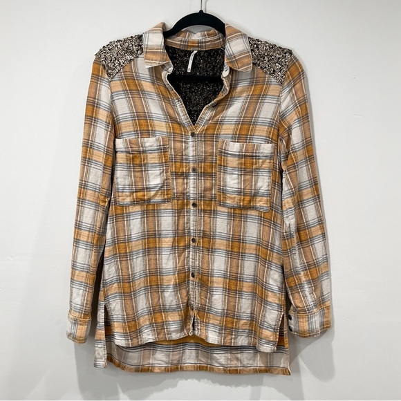 Free People Tops - Free People Yellow Plaid Sequin Button Down Shirt